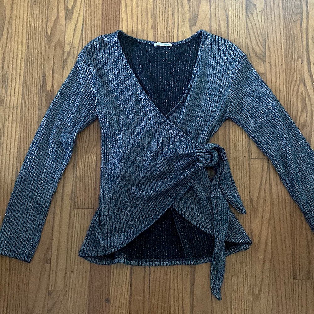 ZARA holiday sparkly silver black wrap deep v neck top long sleeve ✨ 🪩 ✨ size M